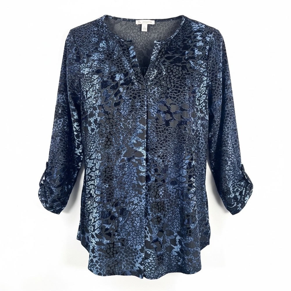 Christopher & Banks Blouse sz L Blue‎ Animal Print Burnout Velvet boho